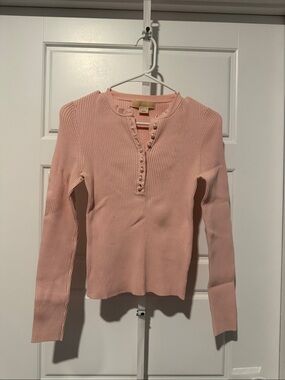 Michael Kors Ribbed Henley Long Sleeve Top in Blush Pink